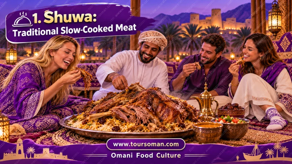 Traditional Omani Shuwa slow-cooked meat served with rice during a cultural dining experience in Oman.
