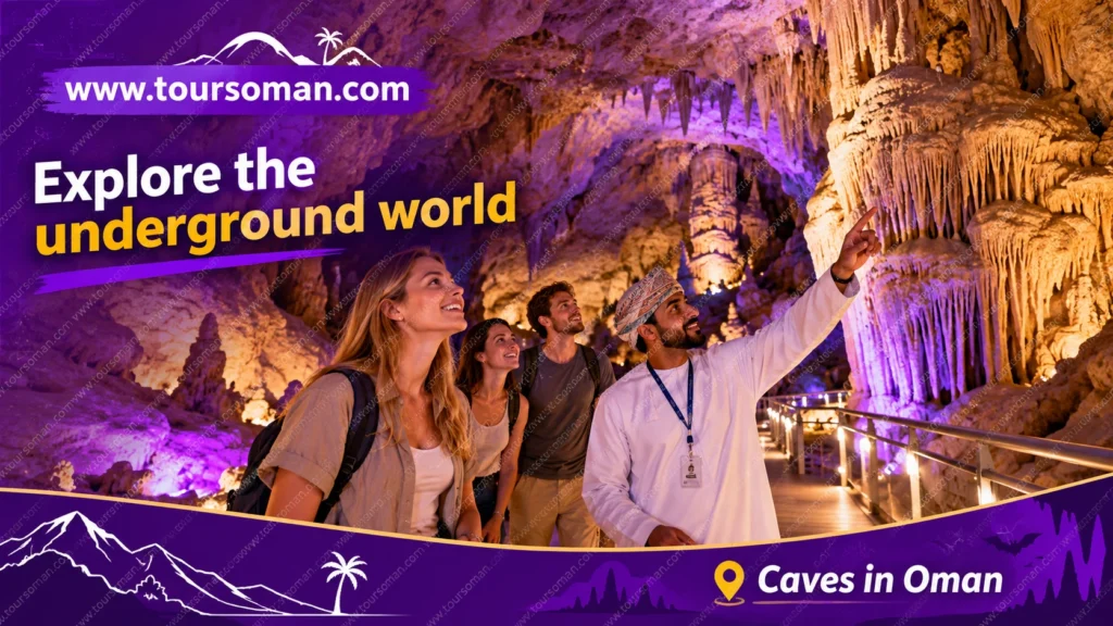 Visitors admiring illuminated limestone formations inside an accessible cave in Oman