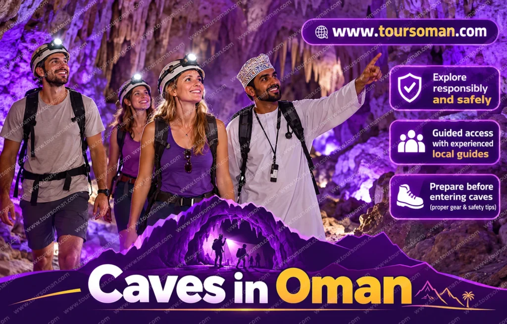 Tourist and local guide exploring an illuminated cave in Oman