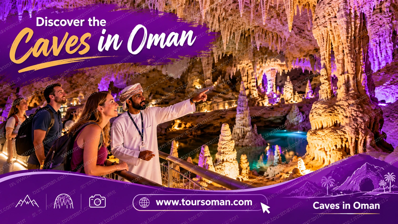 caves-in-oman-featured-image Caves in Oman with illuminated limestone formations and visitors exploring an underground cave