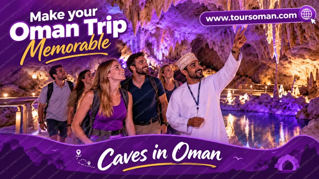 Travelers enjoying an illuminated cave experience in Oman