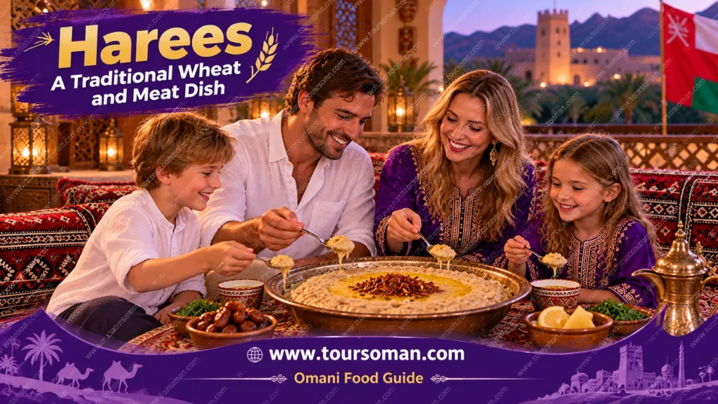 Tourist family enjoying traditional Omani Harees, a wheat and meat dish, in Oman