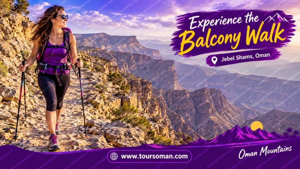 Hiker exploring a mountain trail overlooking the Jebel Shams canyon in Oman