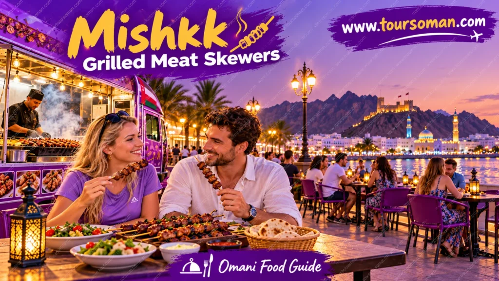 Tourists enjoying Omani mishkak grilled meat skewers at a waterfront food stall on Muscat Corniche.