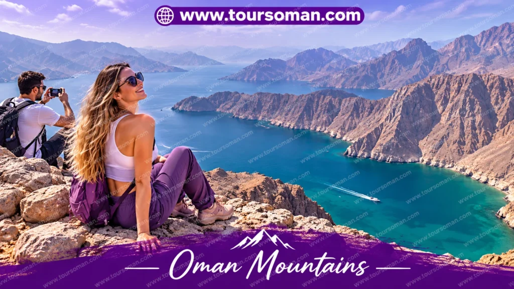 Rugged Musandam mountains overlooking turquoise coastal inlets in Oman