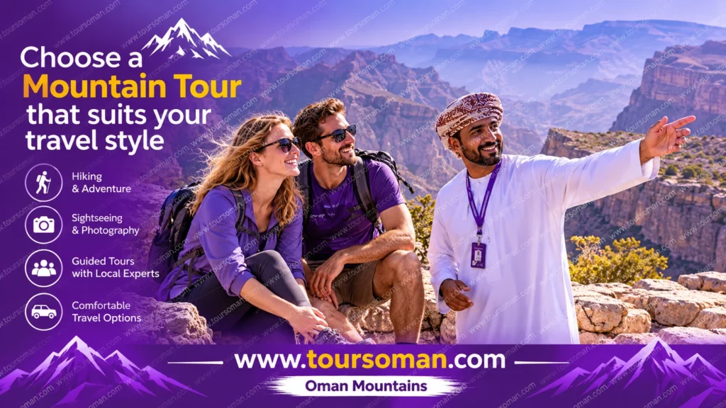 European couple enjoying a guided sightseeing stop in the Oman Mountains