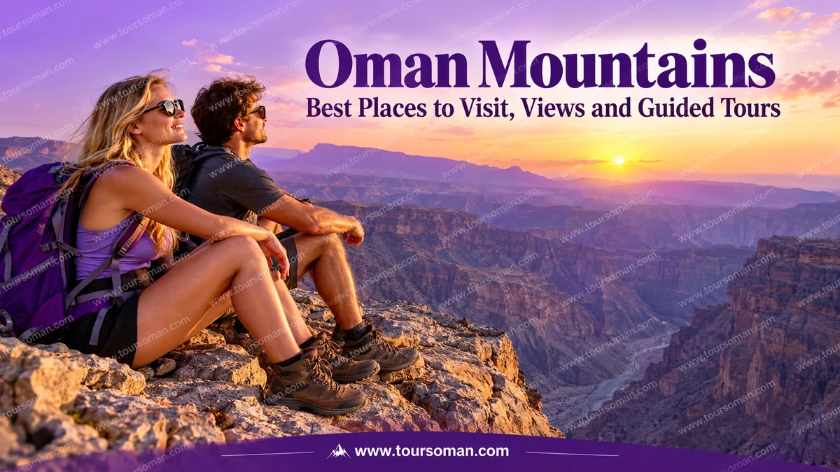 oman-mountains-best-places-guided-tours Oman mountain scenery with hikers overlooking a dramatic canyon at sunset