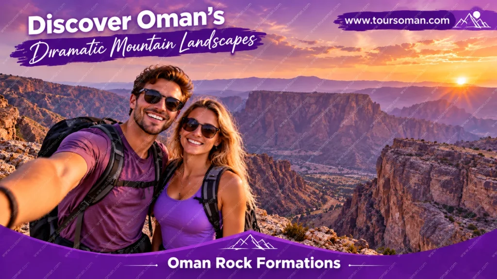 Travelers enjoying panoramic canyon views in Oman's rocky mountains