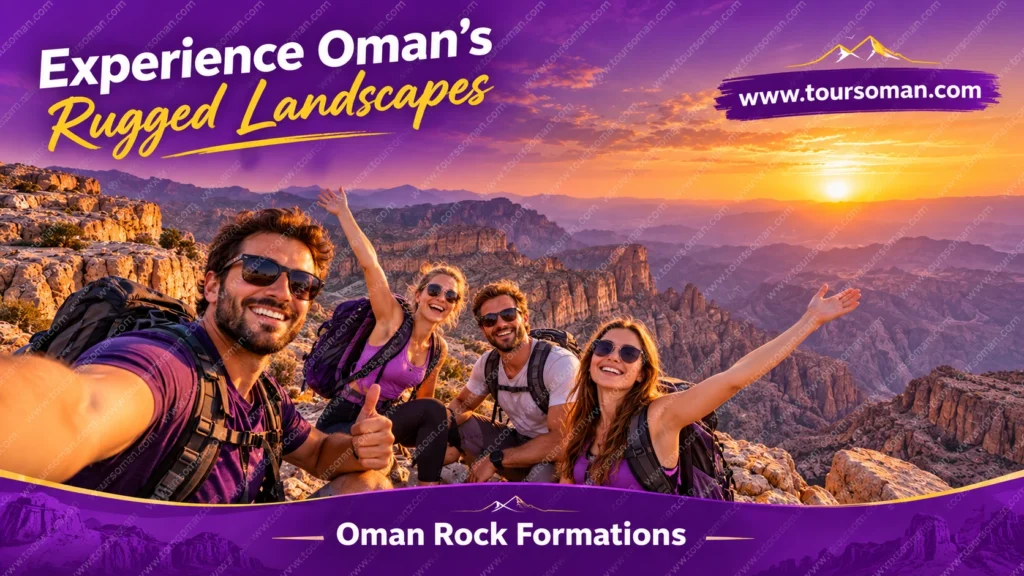 Rocky mountain ridges and deep canyon valleys in Oman at sunset