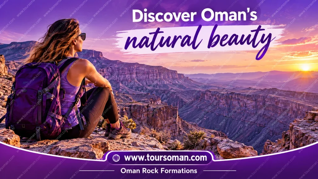 Woman hiker admiring a rugged canyon landscape in Oman