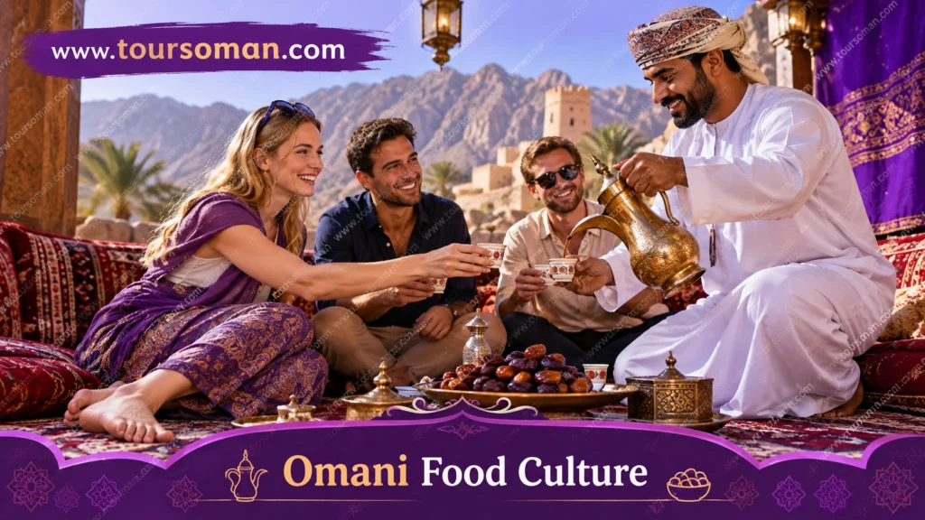 Omani host serving traditional coffee and dates during a cultural dining experience