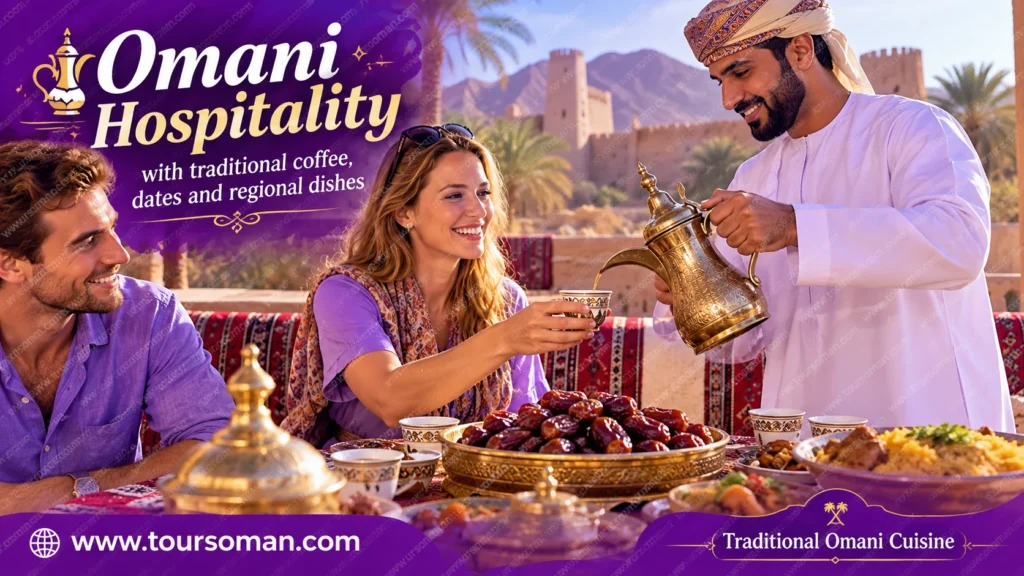 Omani hospitality with traditional coffee, dates and regional dishes