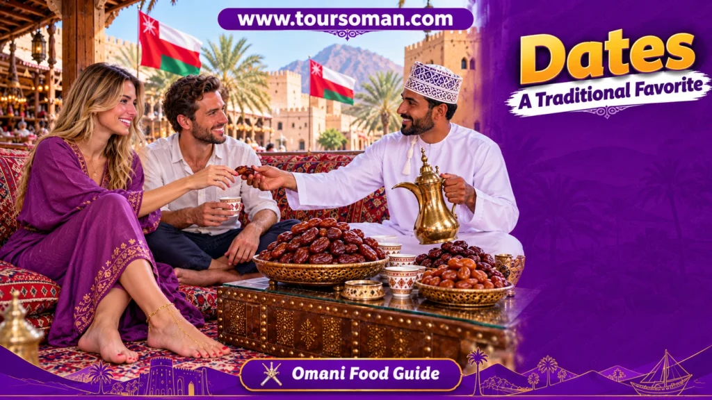 Omani dates and traditional Arabic coffee served by an Omani host to tourists in a welcoming setting in Oman.