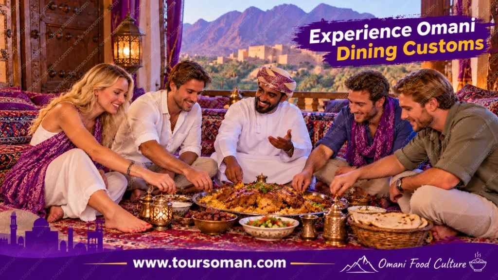 International visitors sharing a traditional Omani meal with a local host