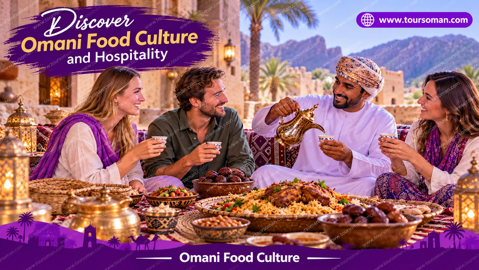 omani-food-culture-dining-customs-featured Traditional Omani food, Arabic coffee, dates and shared dining with an Omani host and international visitors