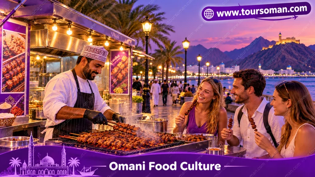 Omani Mishkak grilled meat skewers at a waterfront food caravan in Al Qurm, Muscat, Oman.