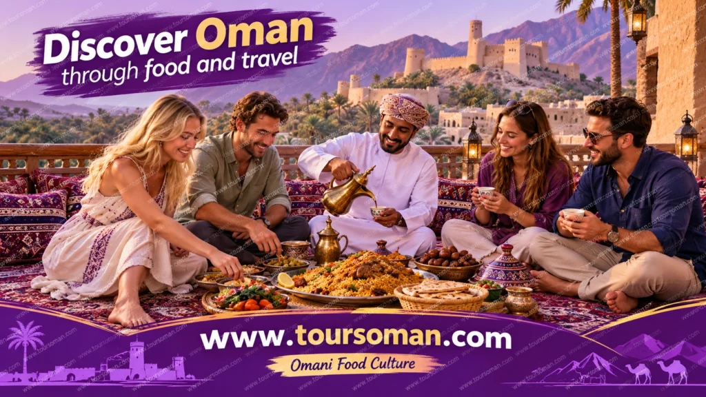 Travelers enjoying traditional Omani food during a cultural sightseeing experience