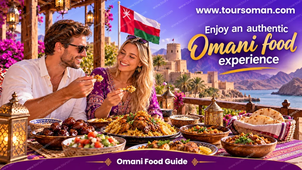 Couple enjoying a traditional Omani meal on a scenic terrace