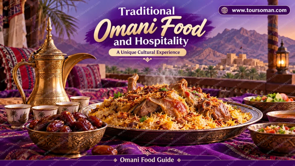 Traditional Omani feast with rice, meat, dates and Arabic coffee