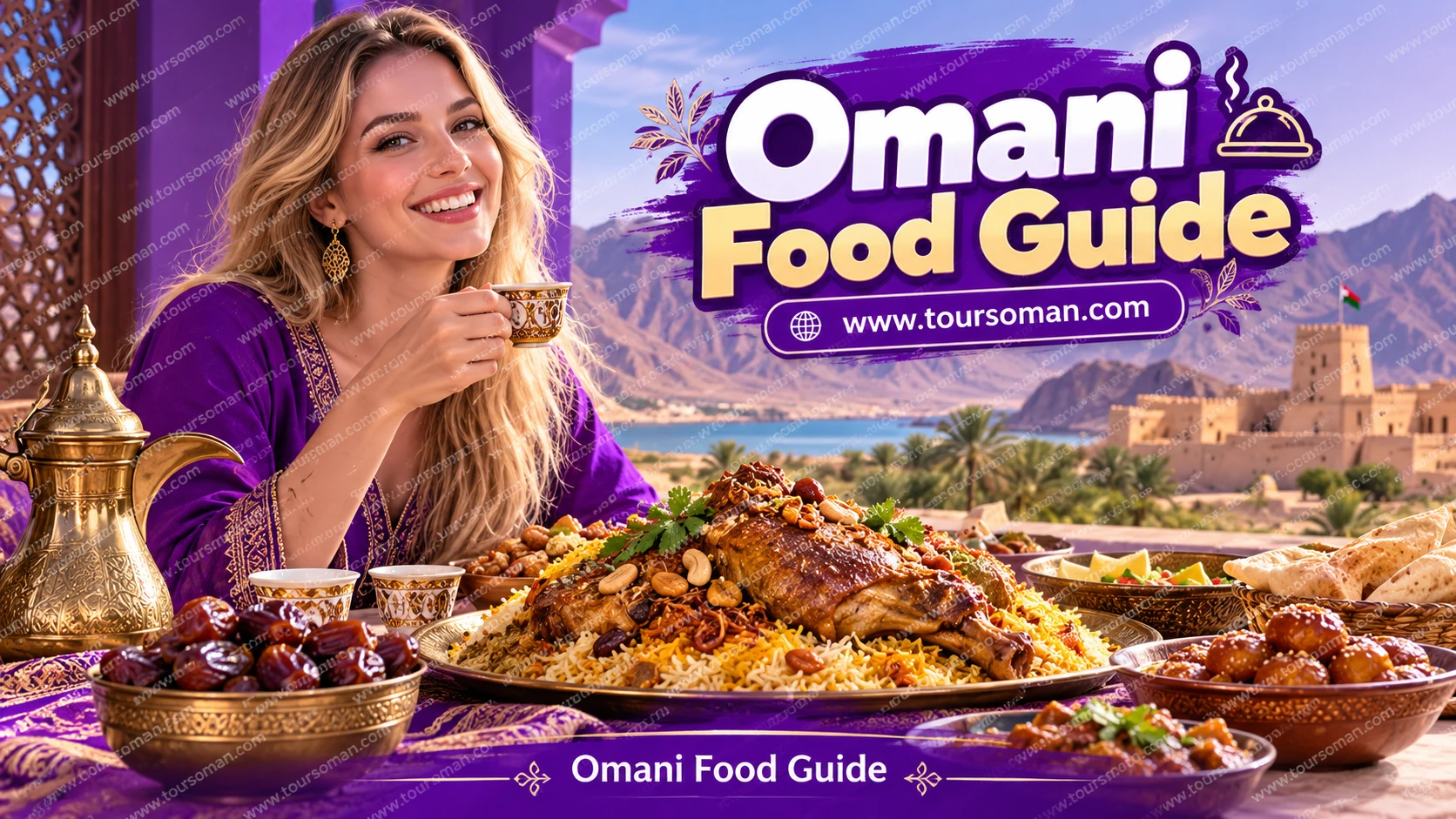 omani-food-guide-traditional-foods-featured Omani food guide featuring traditional dishes, rice, roasted meat, dates and coffee