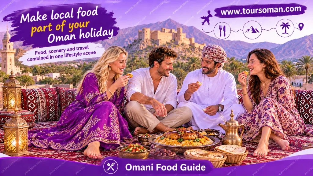 Visitors experiencing traditional Omani cuisine while sightseeing