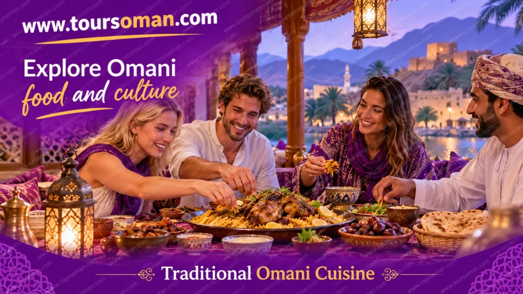 Travelers sharing an Omani meal during a cultural dining experience