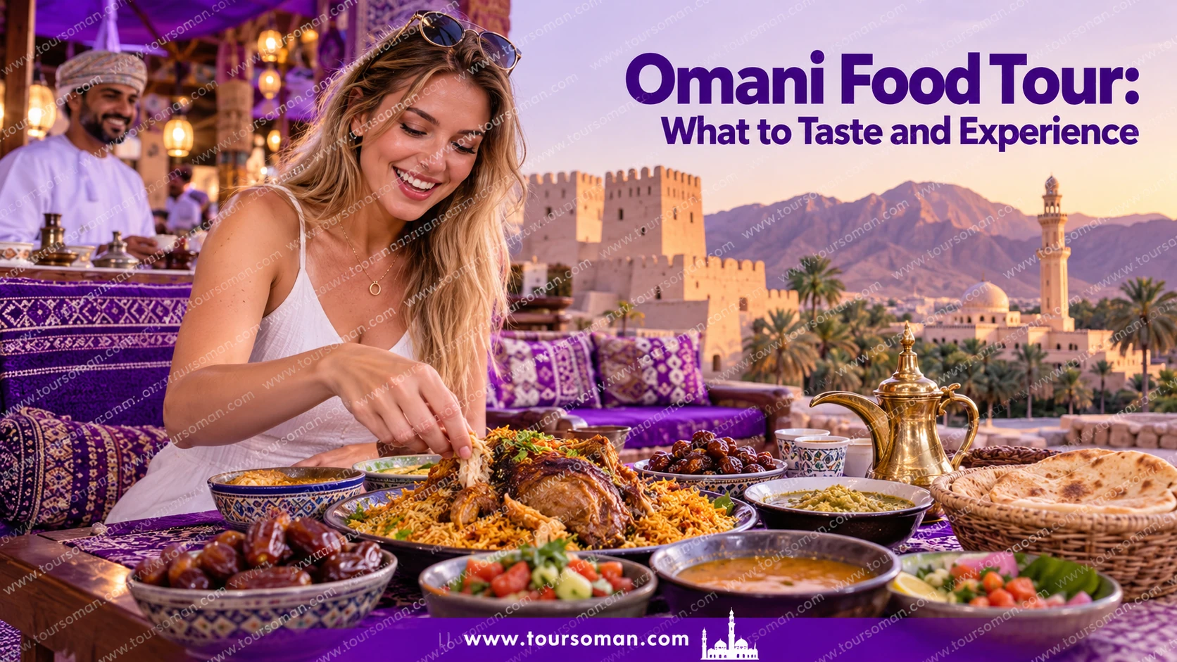 omani-food-tour-purple-terrace-dining-featured Tourist enjoying an Omani food tour with traditional dishes