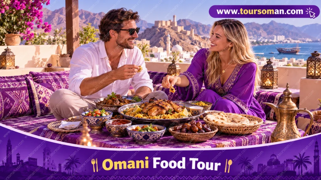 Travelers enjoying a traditional Omani food experience