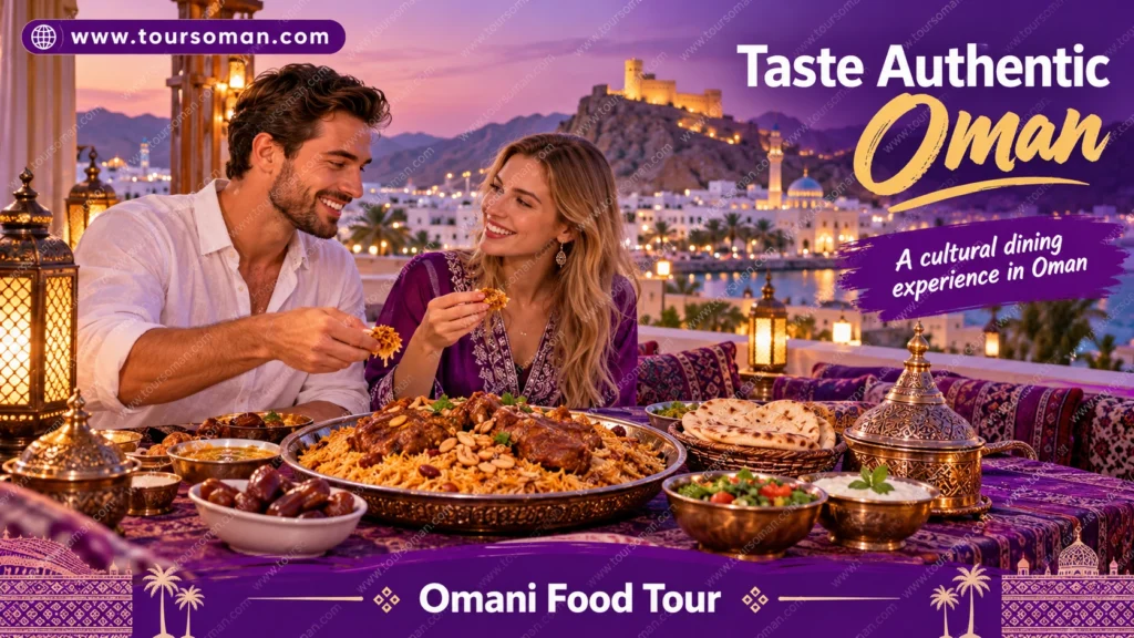 Couple sharing traditional Omani food in a scenic setting