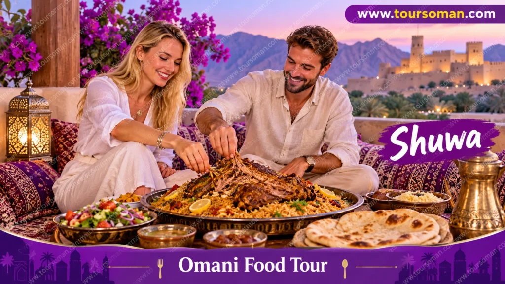 European travelers enjoying Omani rice and meat dishes