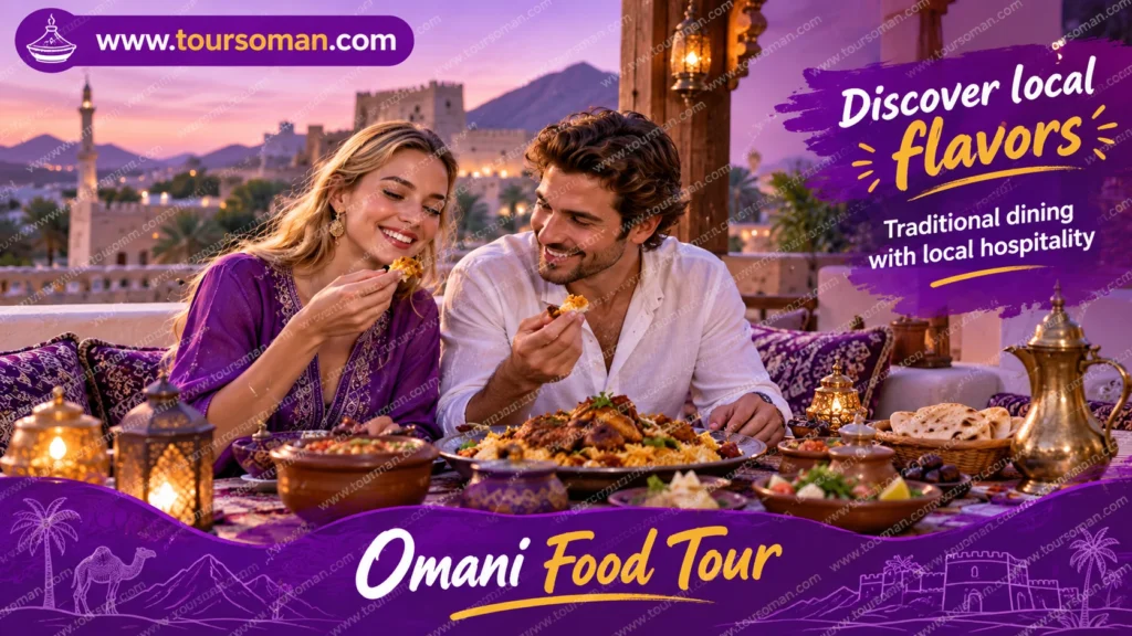 Couple tasting traditional Omani cuisine