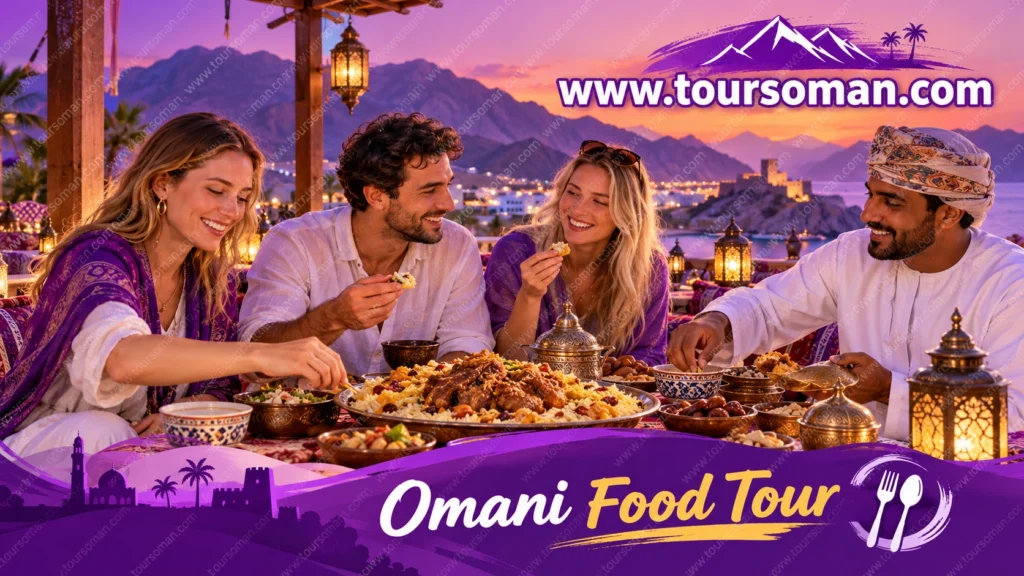Travelers sharing an authentic Omani meal
