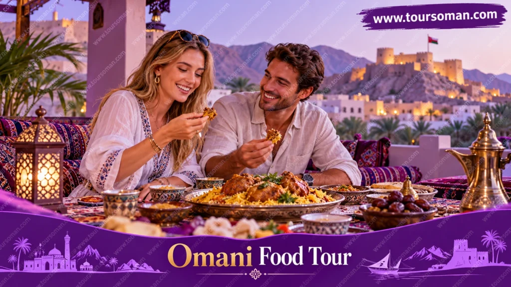 Couple enjoying traditional food in an Omani setting