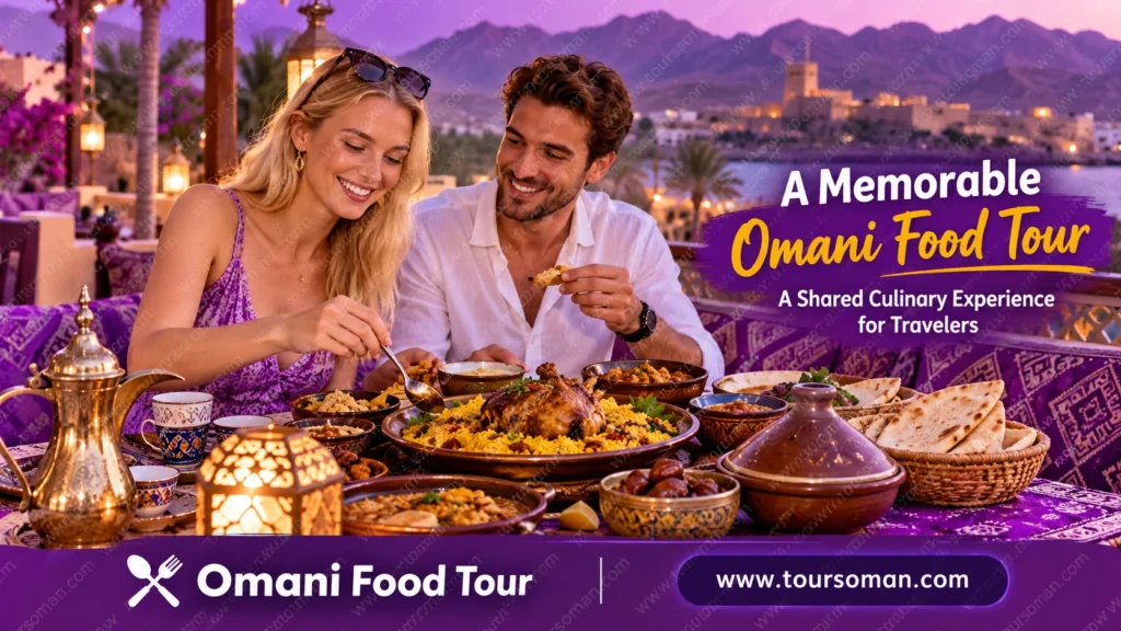 Couple sharing an Omani food experience with traditional dishes
