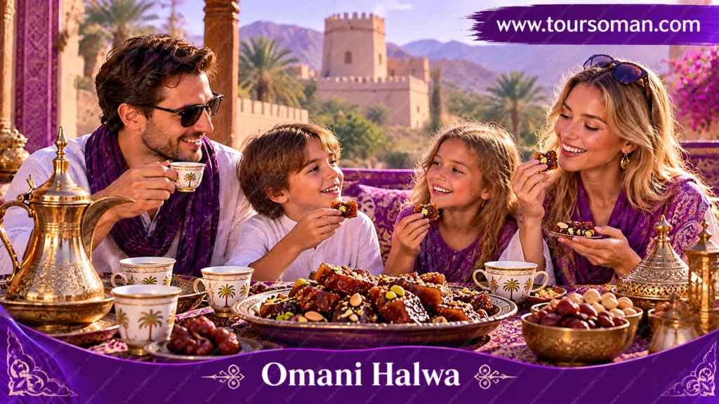 Couple enjoying Omani halwa and traditional kahwa