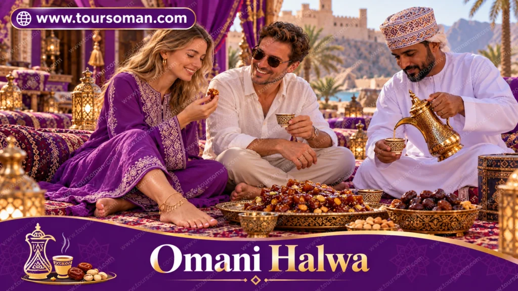 European couple tasting traditional Omani halwa with Arabic coffee