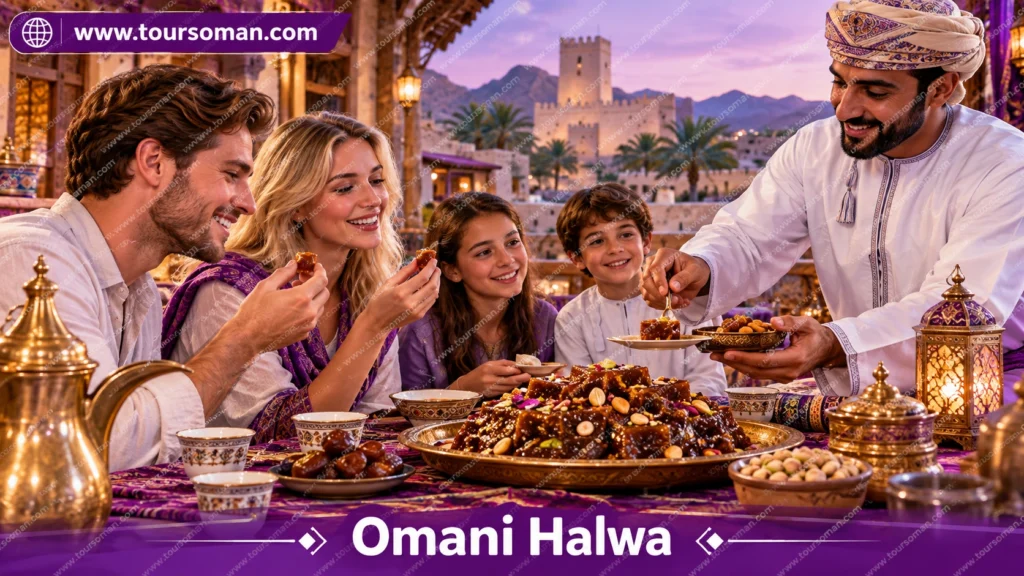 Tourists experiencing traditional Omani food and halwa