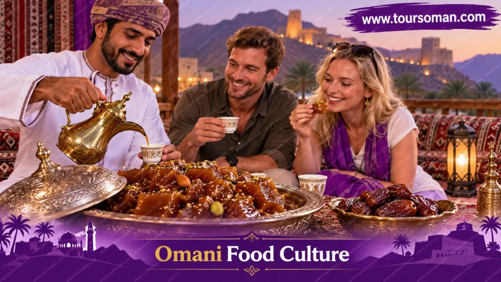Omani halwa served with traditional Arabic coffee and dates during an authentic Omani hospitality experience.