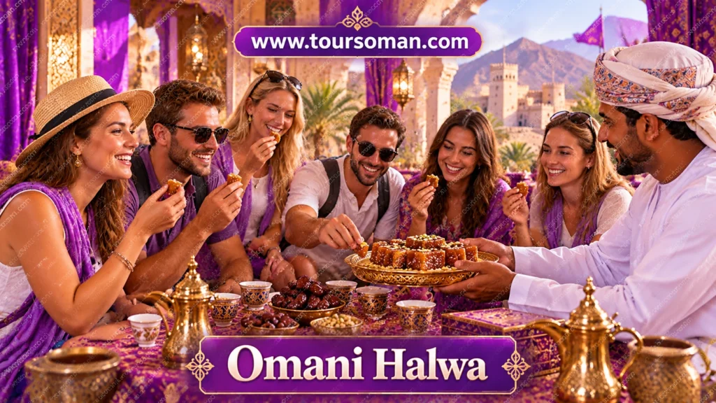 Visitors enjoying Omani halwa in a traditional Omani setting