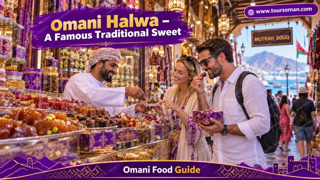 Tourists buying traditional Omani halwa at a sweet shop in Mutrah Souq, Muscat, Oman.