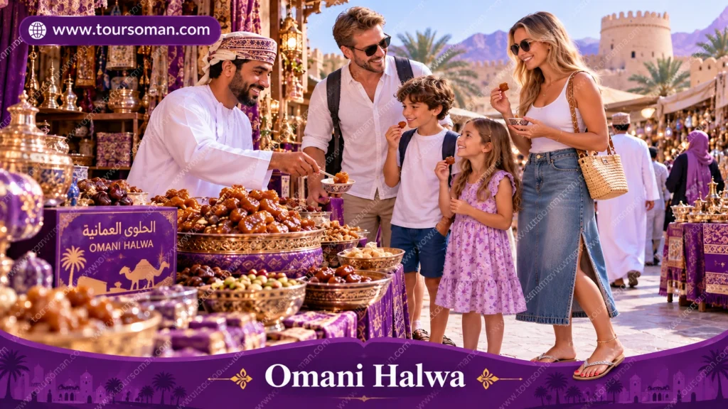 Omani halwa served in a traditional market setting