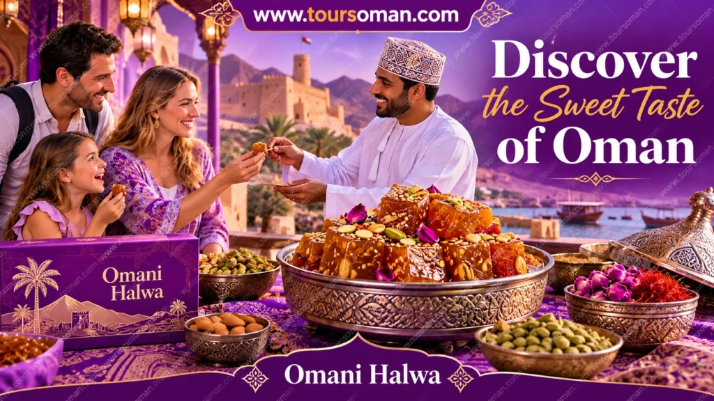Traditional Omani halwa presented in a purple-themed Omani setting