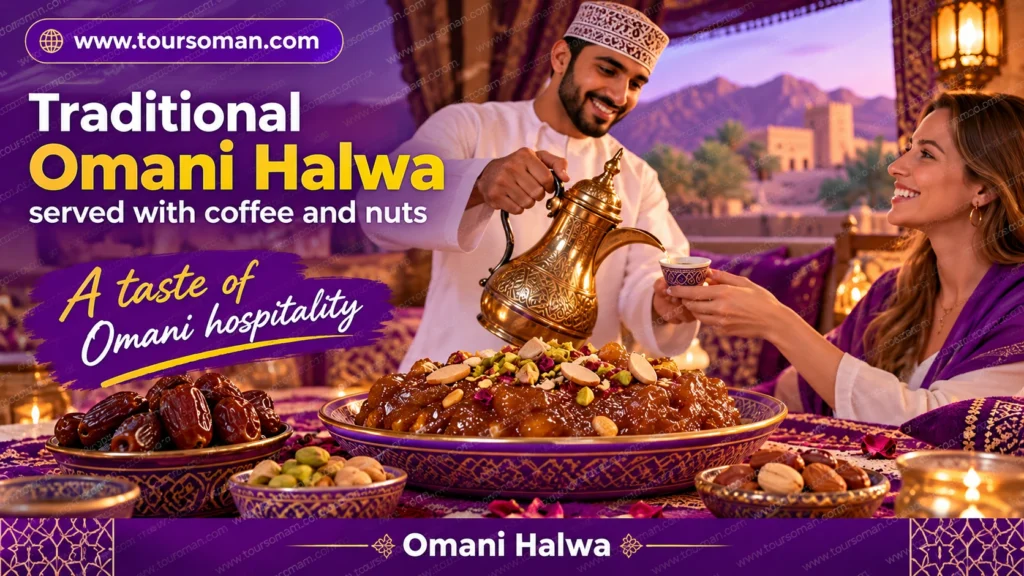 Traditional Omani halwa served with coffee and nuts