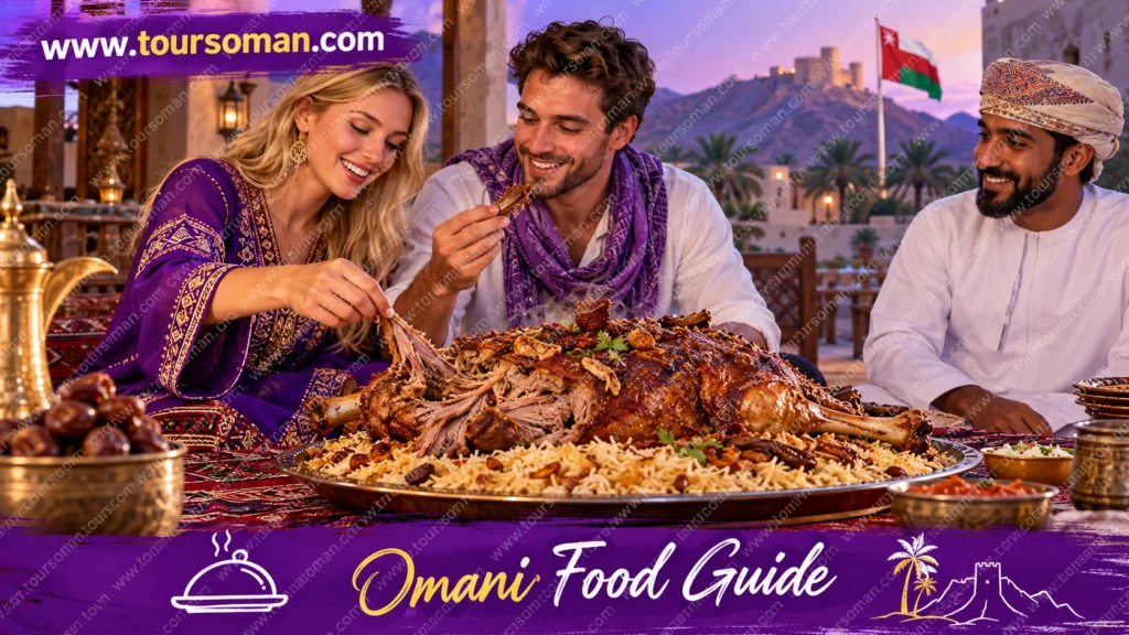 Traditional Omani shuwa slow-cooked lamb served with rice during an Omani food experience.