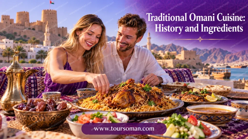 Traditional Omani cuisine featuring spiced rice, roasted meat, dates, and local dishes enjoyed by travelers in Oman.