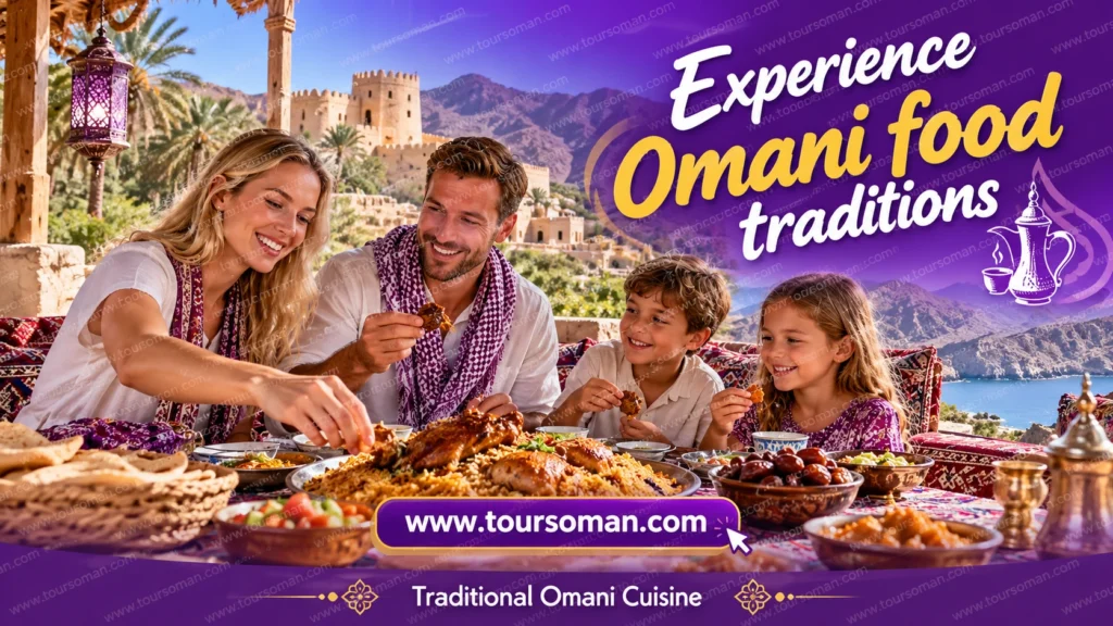 Travelers enjoying traditional Omani food in a scenic cultural setting