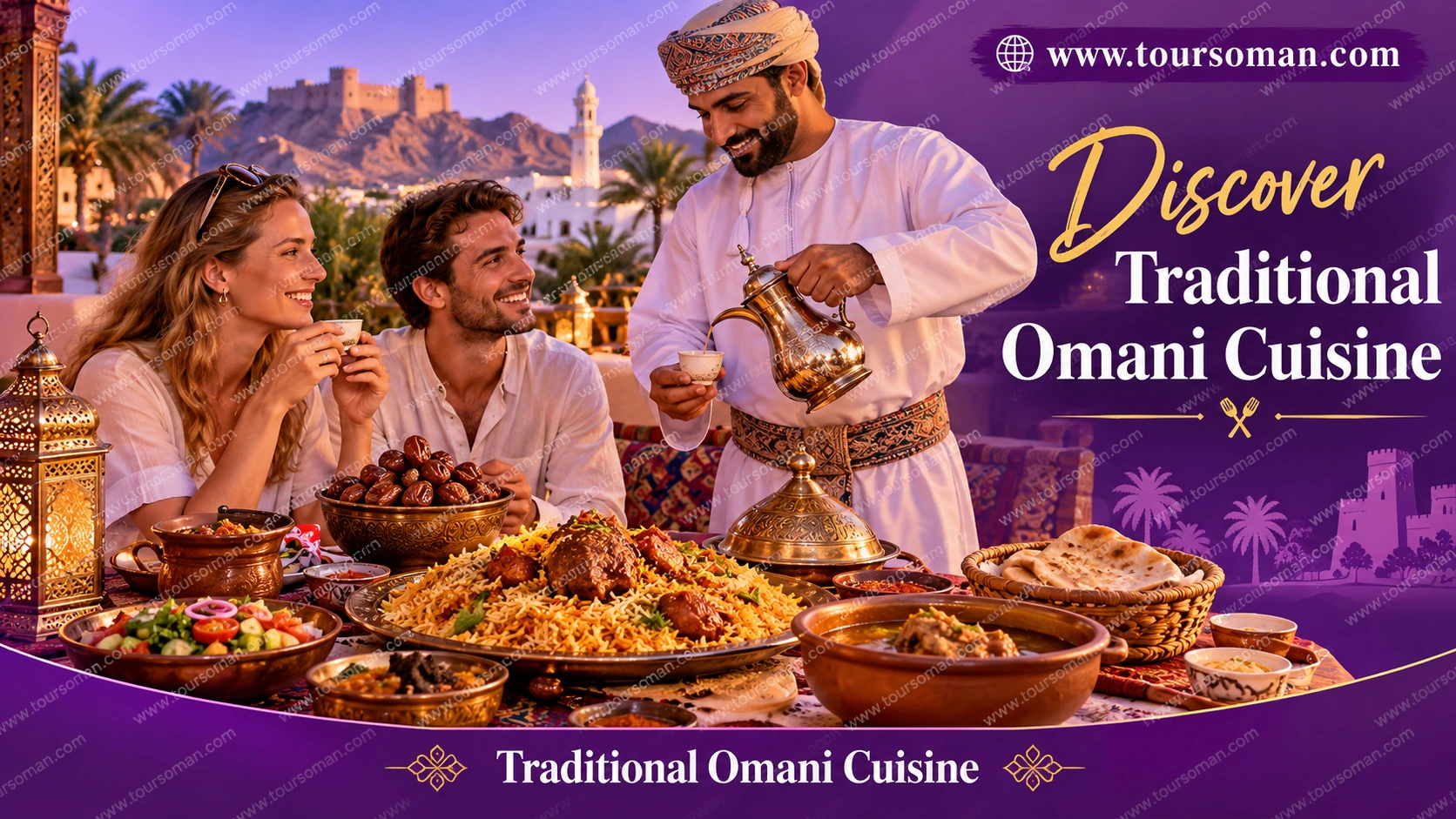 traditional-omani-cuisine-history-ingredients-featured Traditional Omani cuisine featuring spiced rice, meat, dates and Arabic coffee