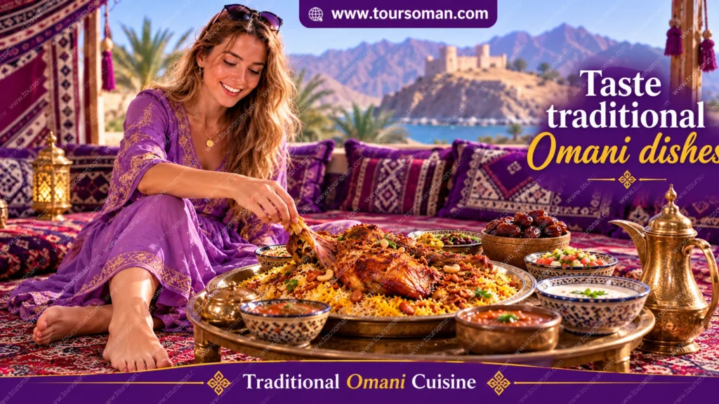 Traditional Omani rice and roasted meat served with dates and side dishes