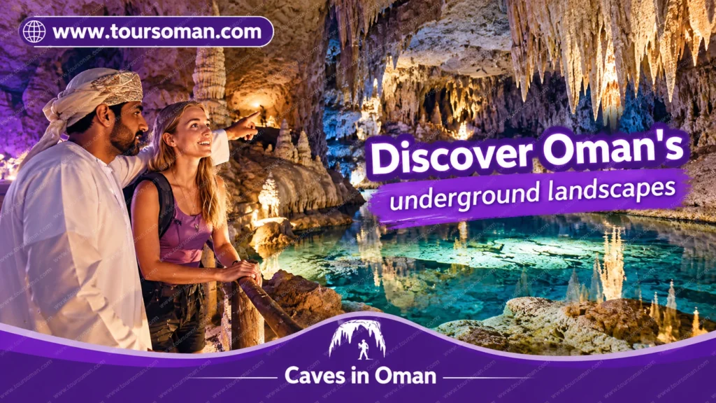 Limestone formations and underground water inside a cave in Oman